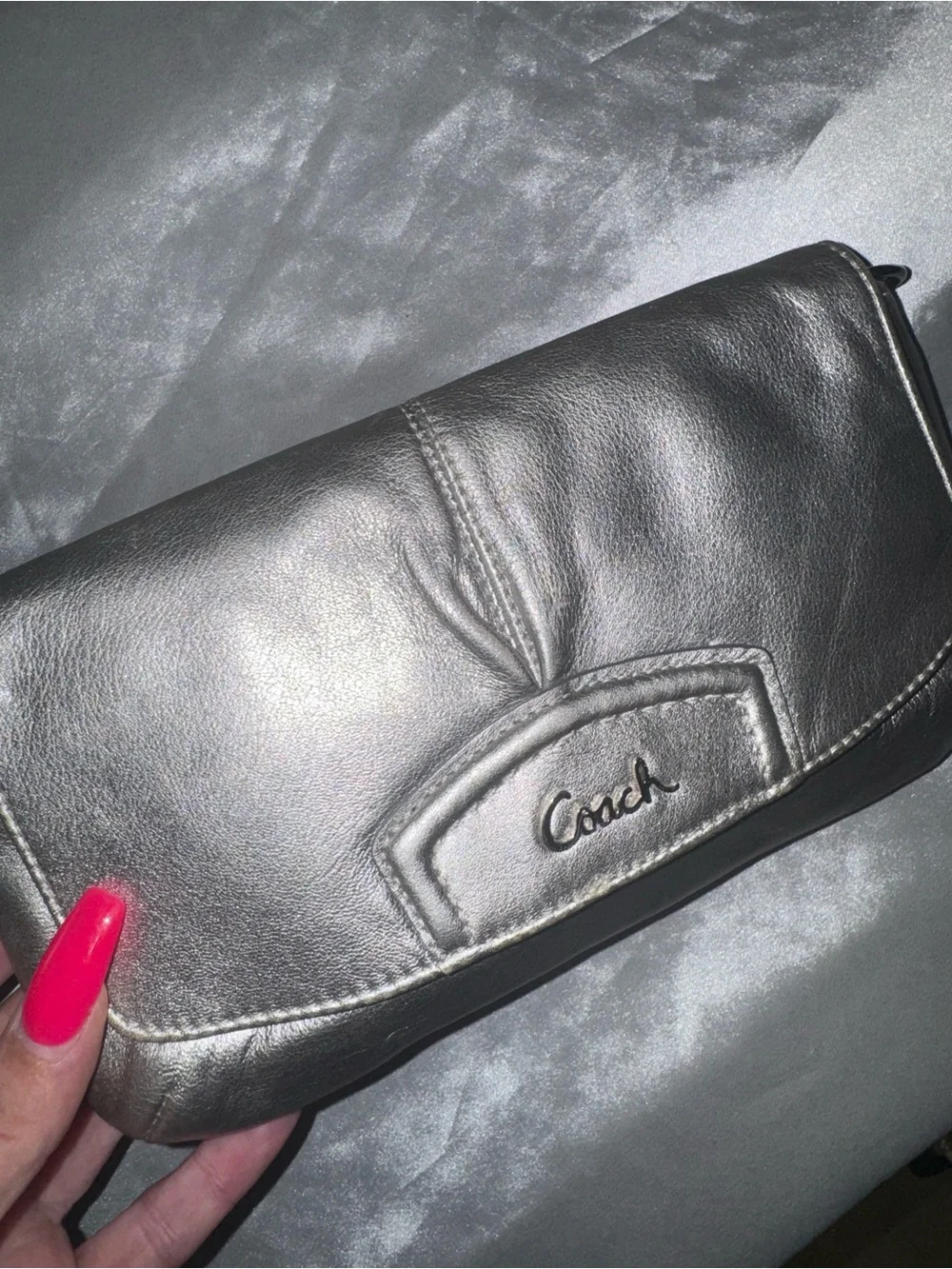 Coach Metallic Silver Leather Wristlet Clutch